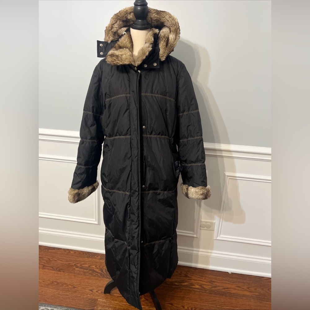 Hilary Radley Womens Full Length Puffer Winter Coat Faux Fur Trim Hood Size XL